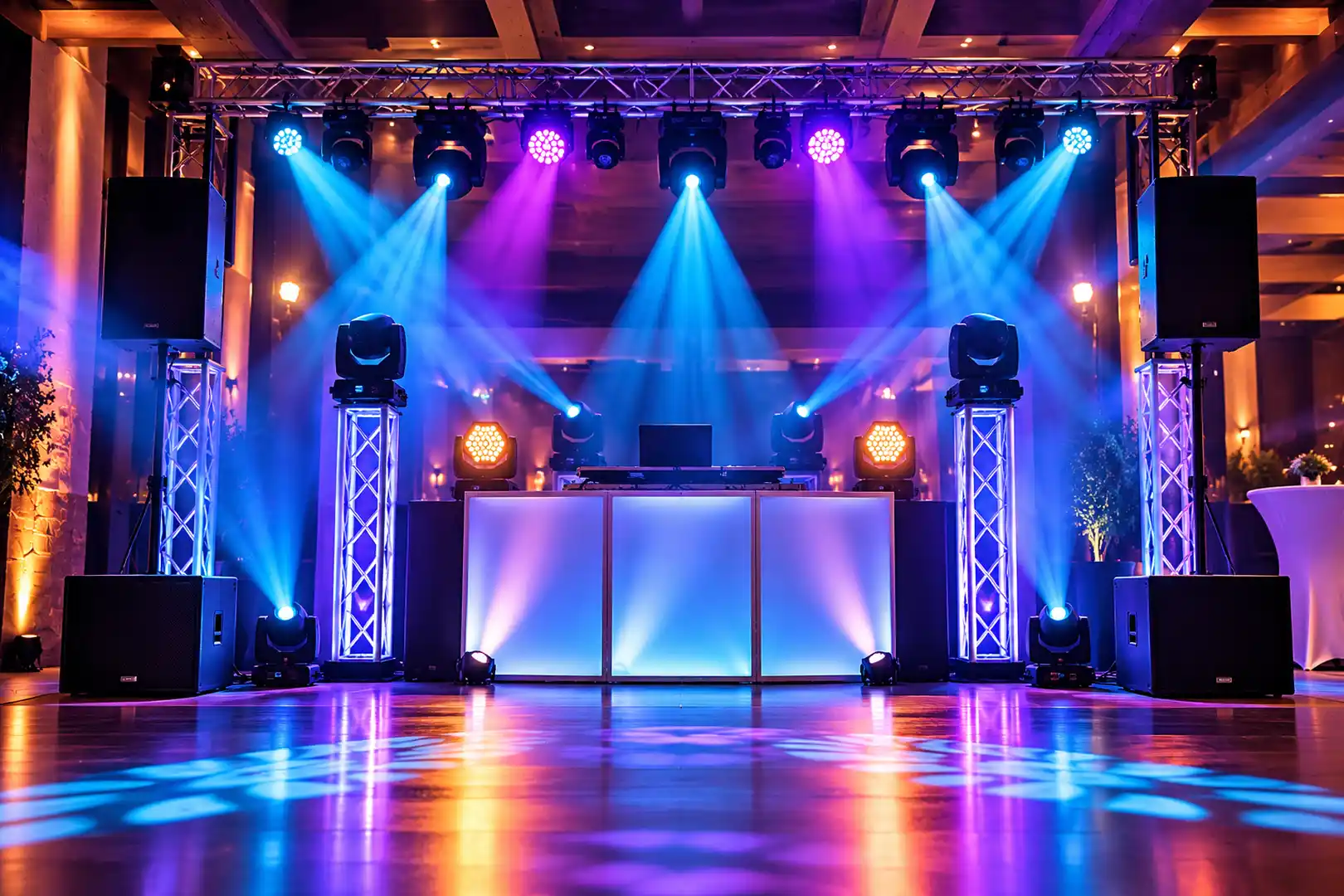 DJ PIT Eventaufbau mit DJ-Pult, Lautsprechern und stimmungsvoller Lichttechnik