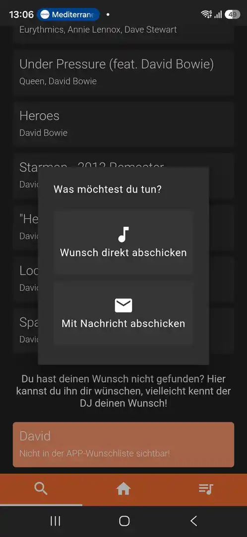 Musikwunsch direkt oder mit Nachricht abschicken