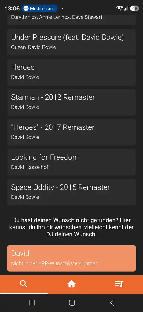 Orangefarbenes Feld zum Abschicken eines nicht gefundenen Songs